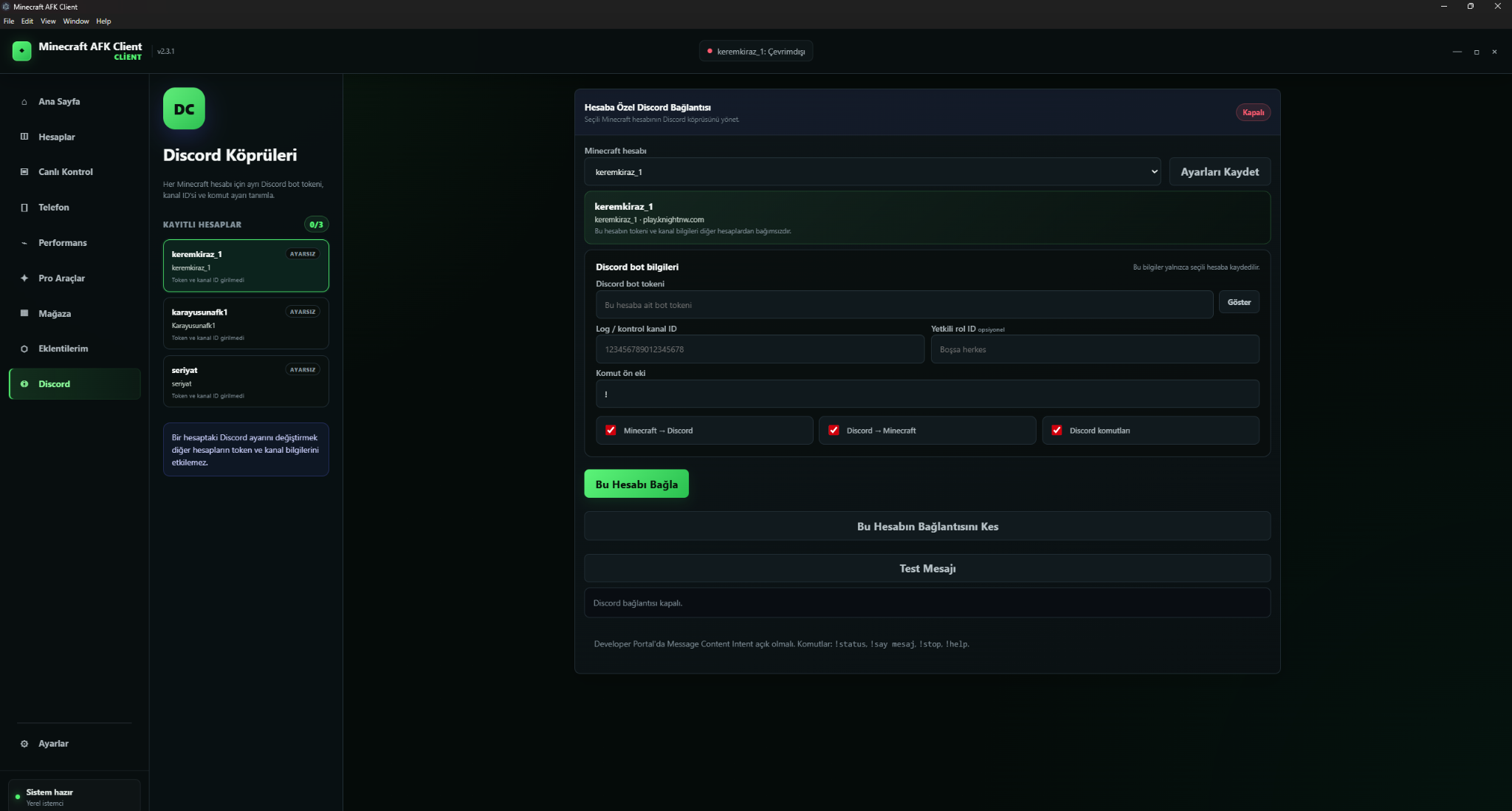 Minecraft AFK Client Discord köprüleri ekranının gerçek görüntüsü